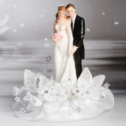 Sposi eleganti con bouquet e pizzo per torte h 19 cm